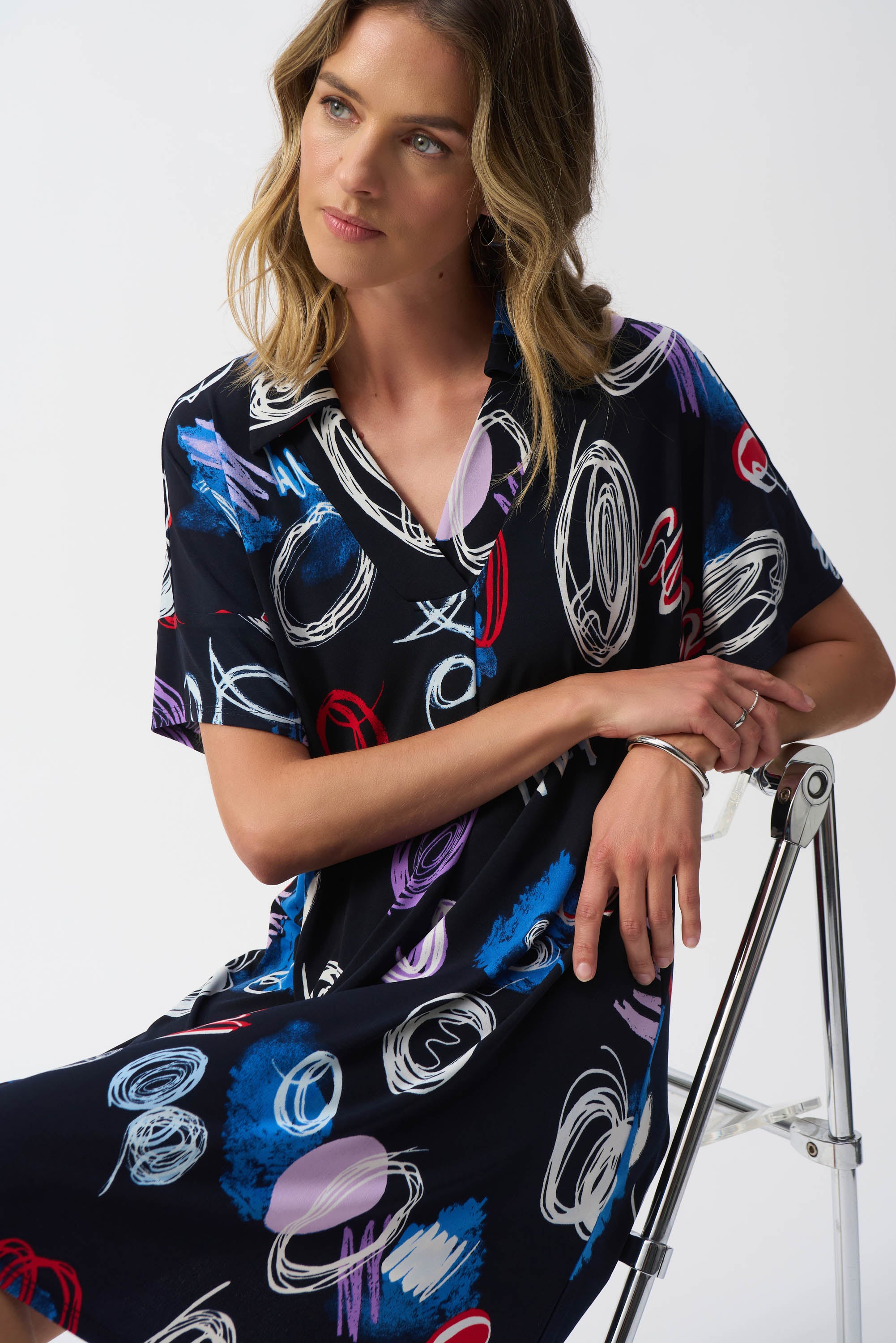 251111 Silky Knit Abstract Print A-Line Dress