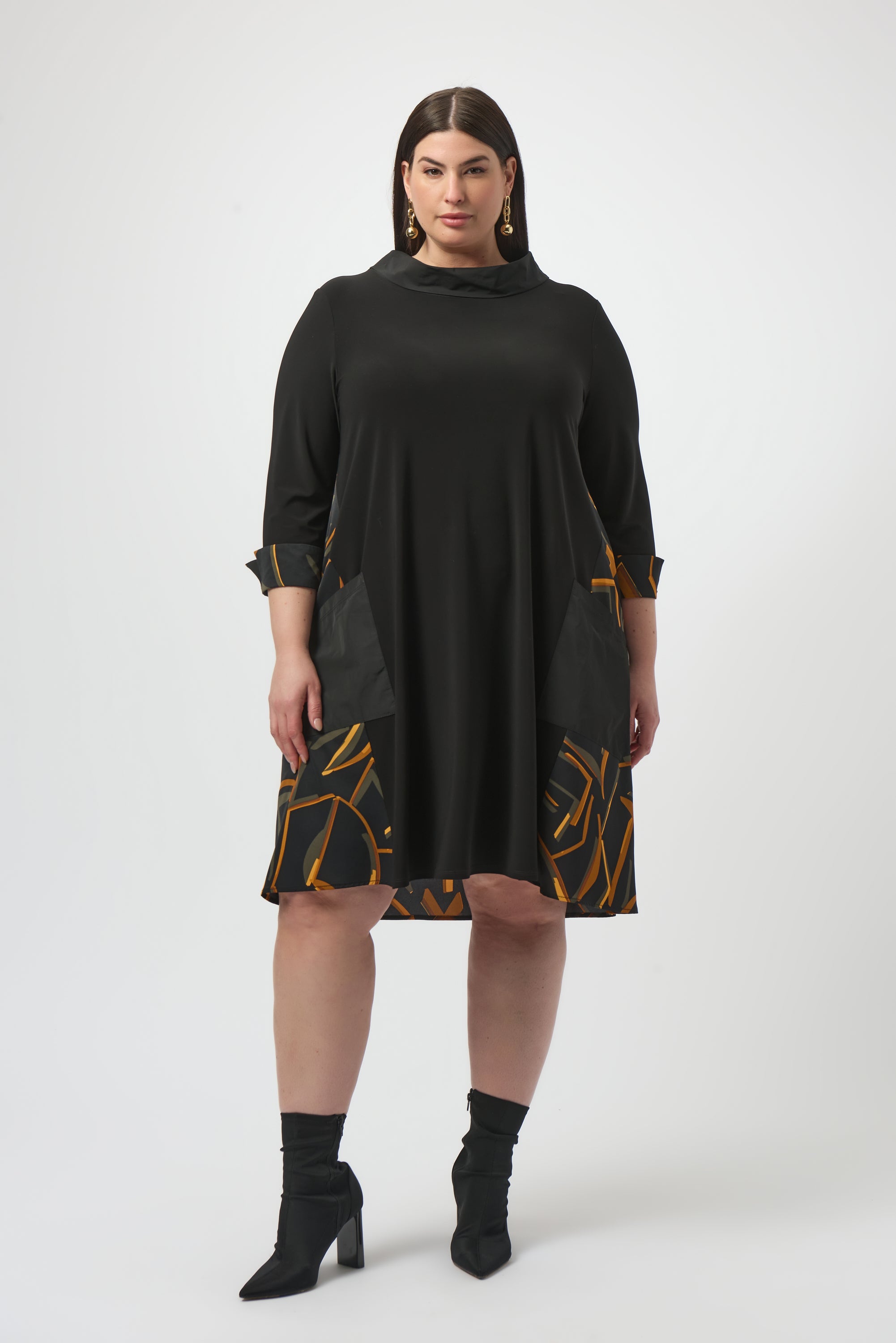 253186 Recycled Woven Abstract Print and Silky Knit Dress