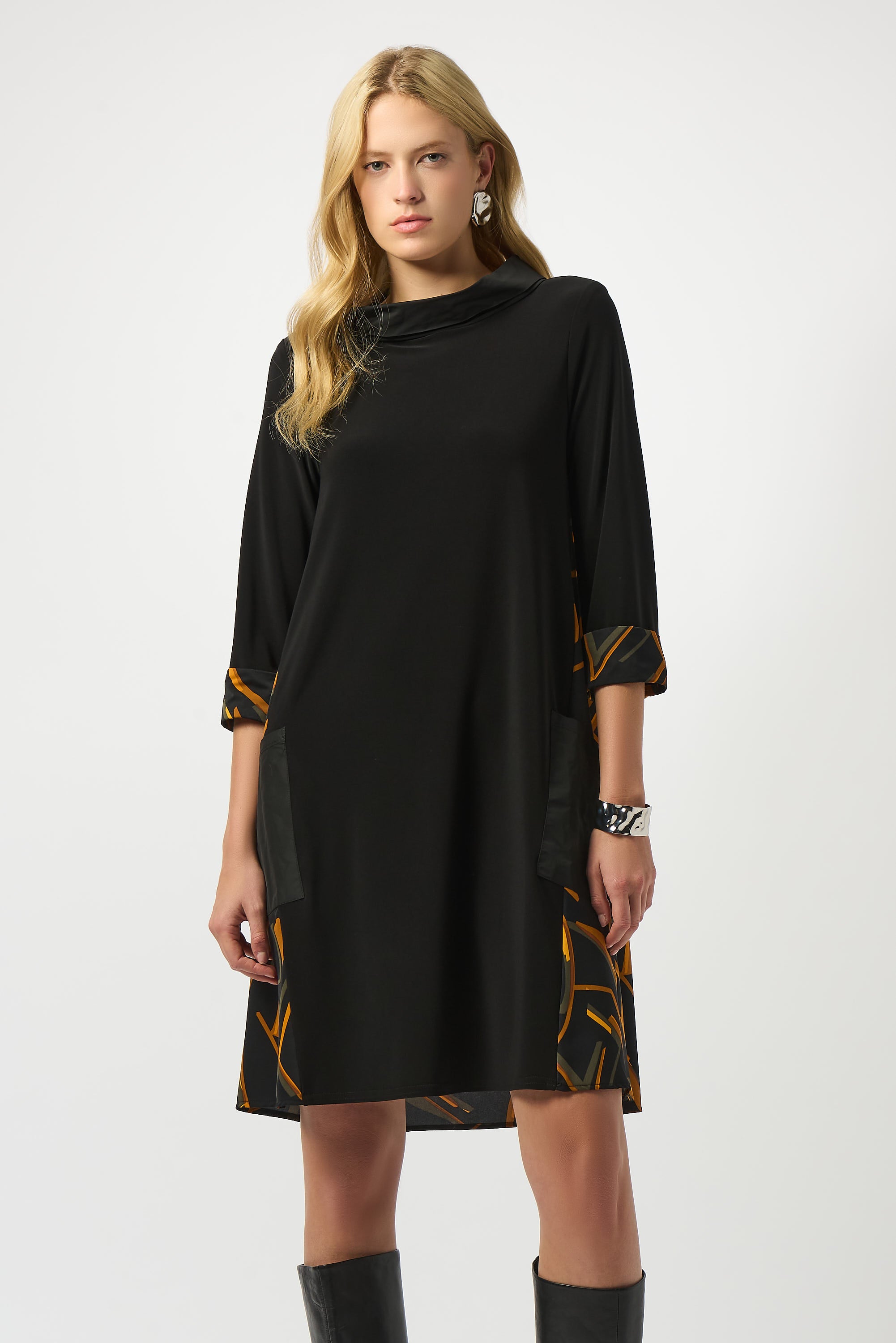 253186 Recycled Woven Abstract Print and Silky Knit Dress
