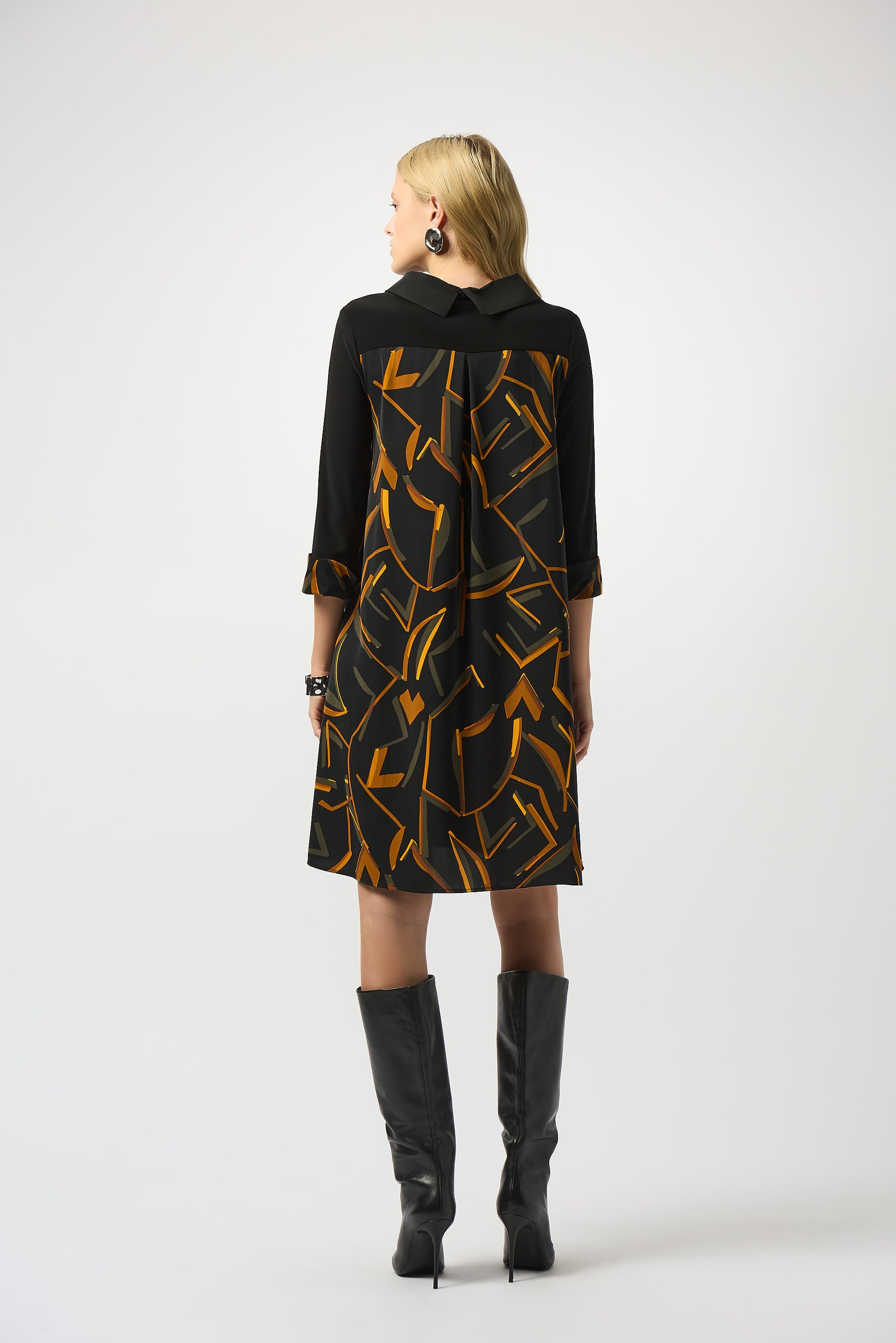 253186 Recycled Woven Abstract Print and Silky Knit Dress