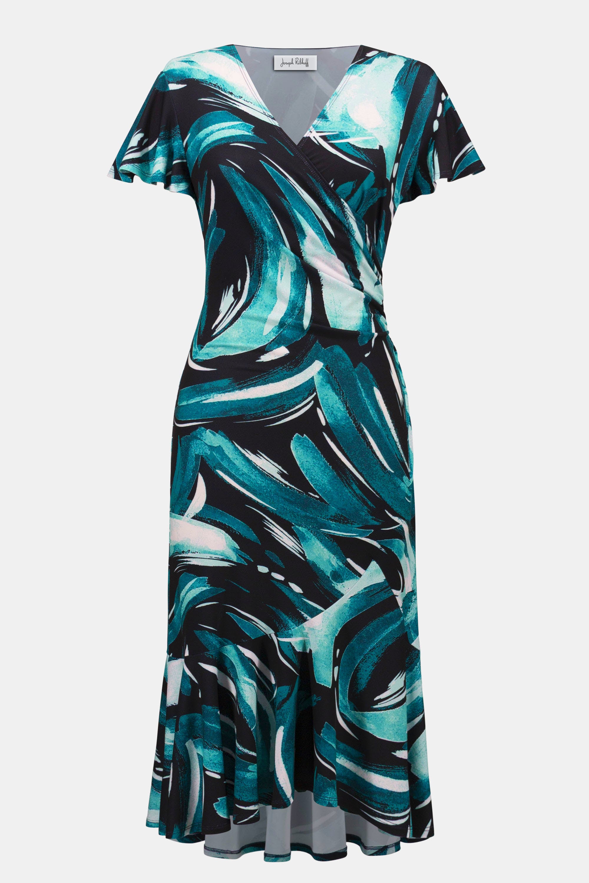 Silky Knit Abstract Print Fit and Flare Wrap Dress 261063