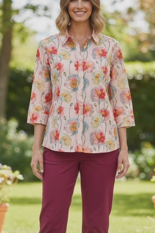 Cotton 3/4 Sleeve Shirt Poppy Print - Equinox