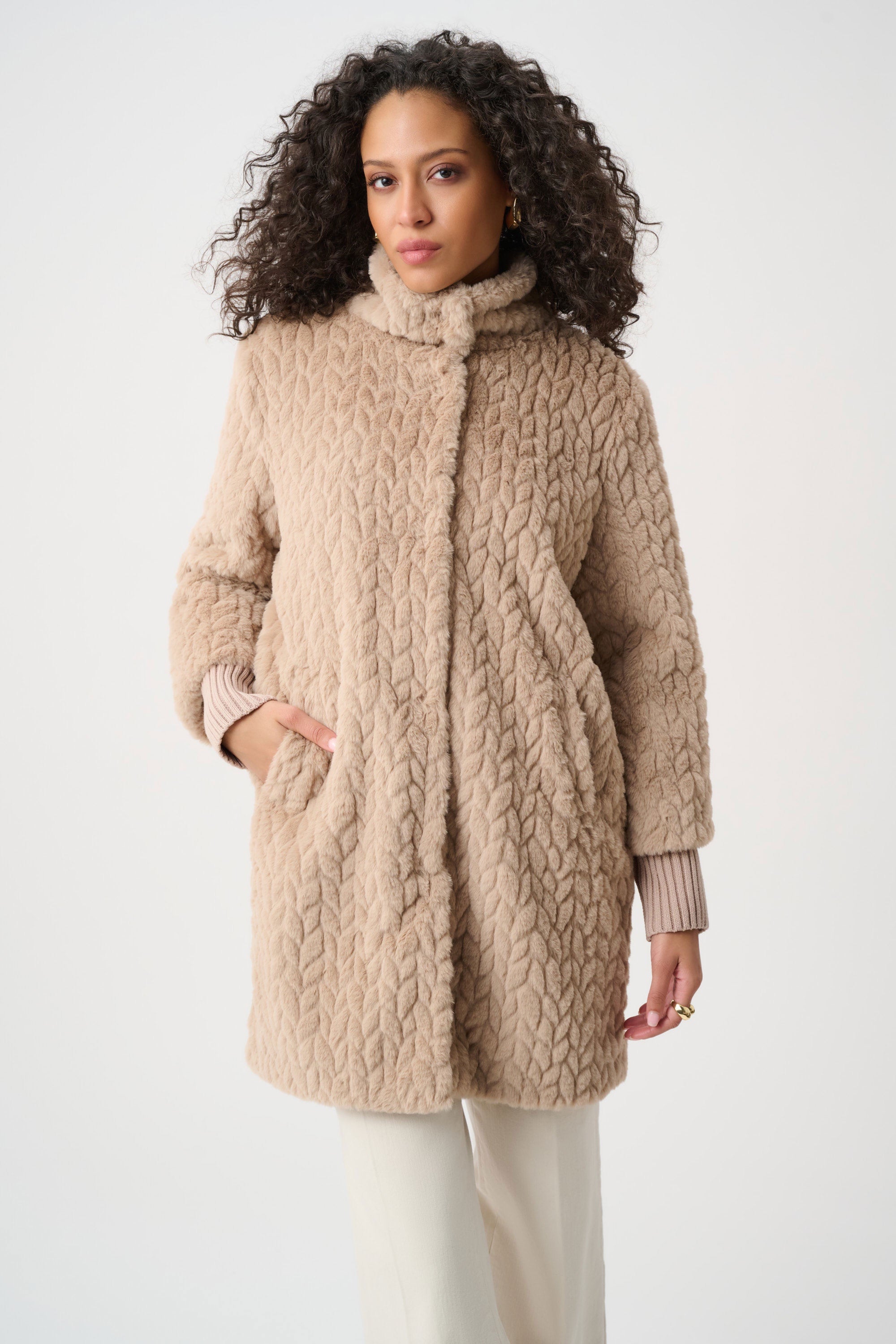 Textured Faux Fur Mock-Neck Coat - Joseph Ribkoff