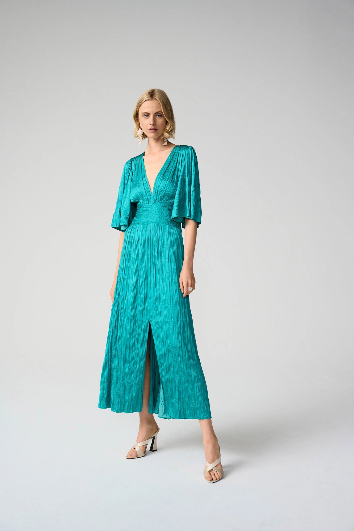 261962 Satin Fit and Flare Pleated Dress with Knot Waist Detail