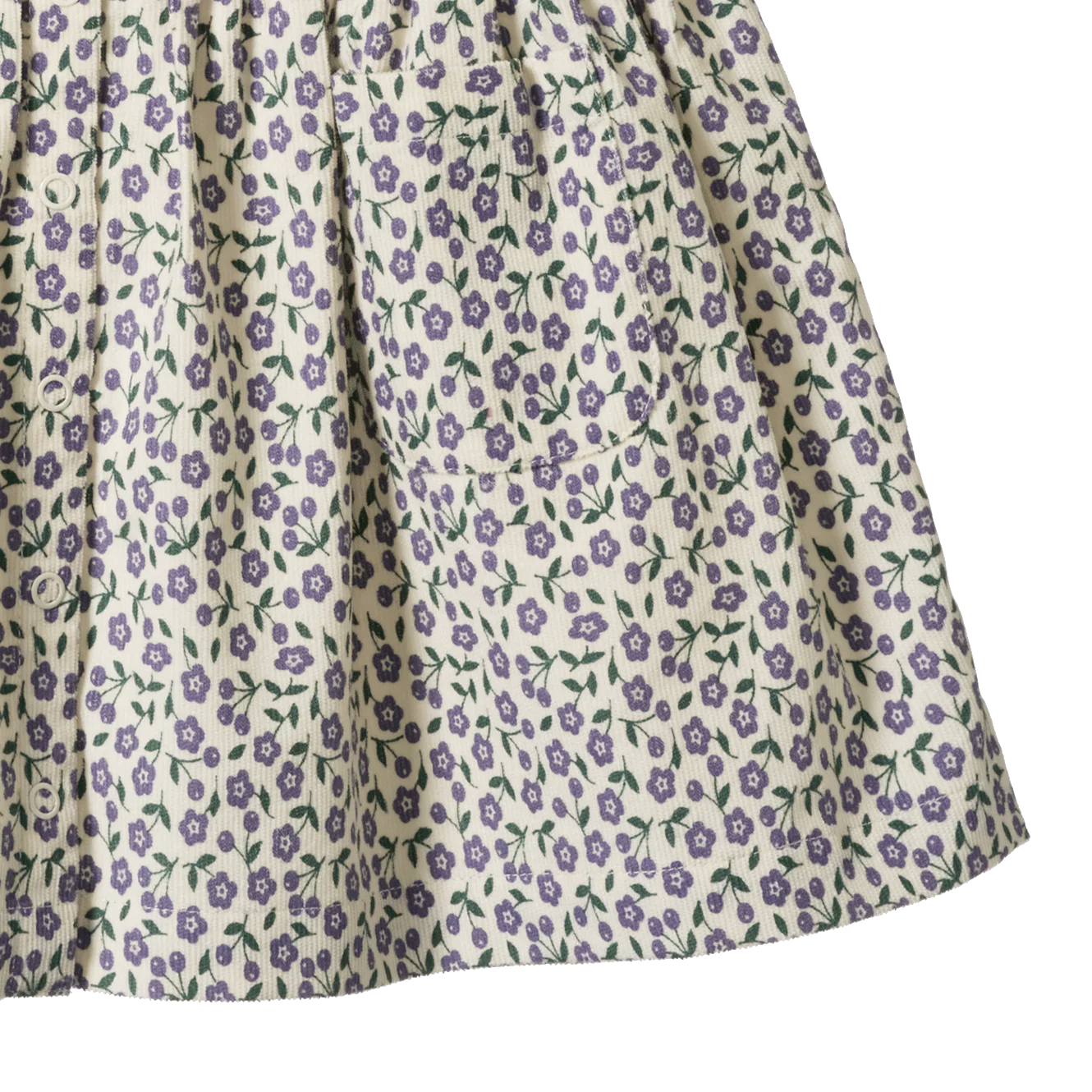 Floral patterned fabric with purple flowers on a white background