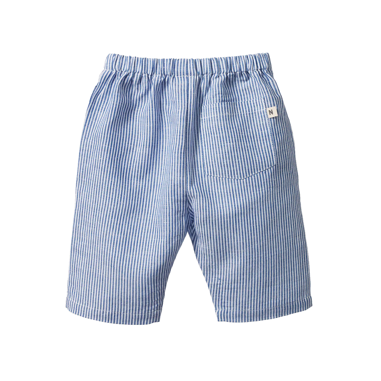 Blue and white striped shorts on a white background