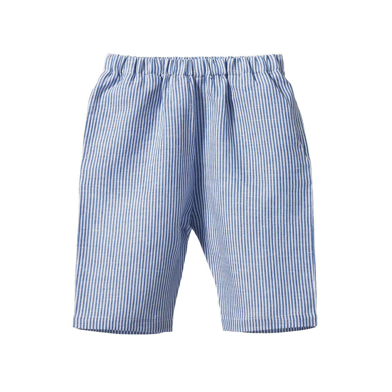 Blue and white striped shorts on a white background
