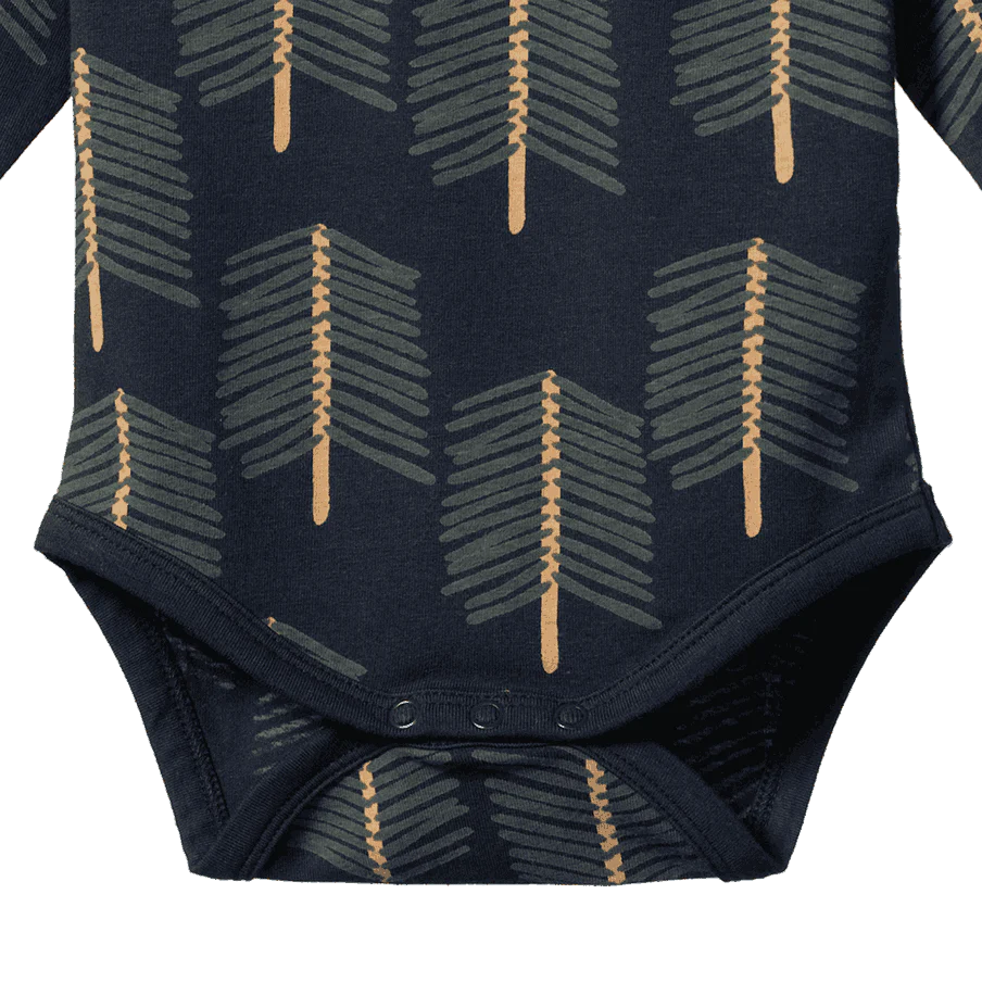 Navy blue baby onesie with arrow pattern on a white background