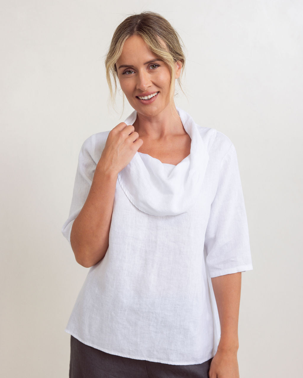 SS330 Linen Short Sleeve Cowl Neck Top