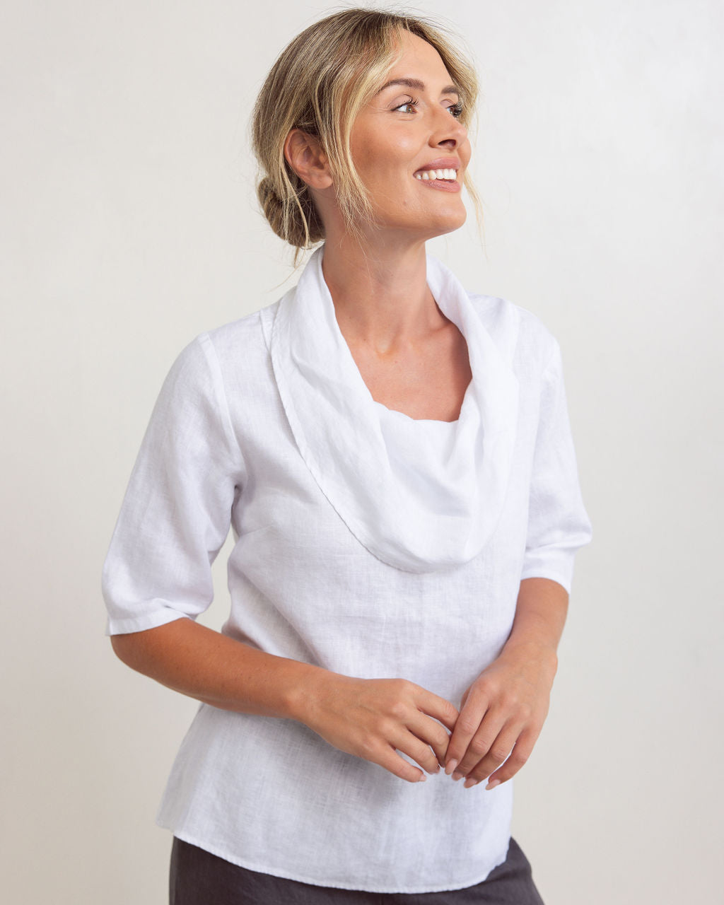 SS330 Linen Short Sleeve Cowl Neck Top