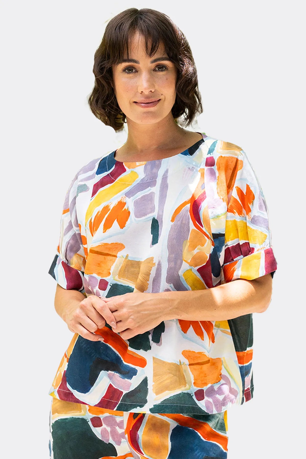 SS441 Tenc/Linen Cuffed Sleeve Round Neck Top