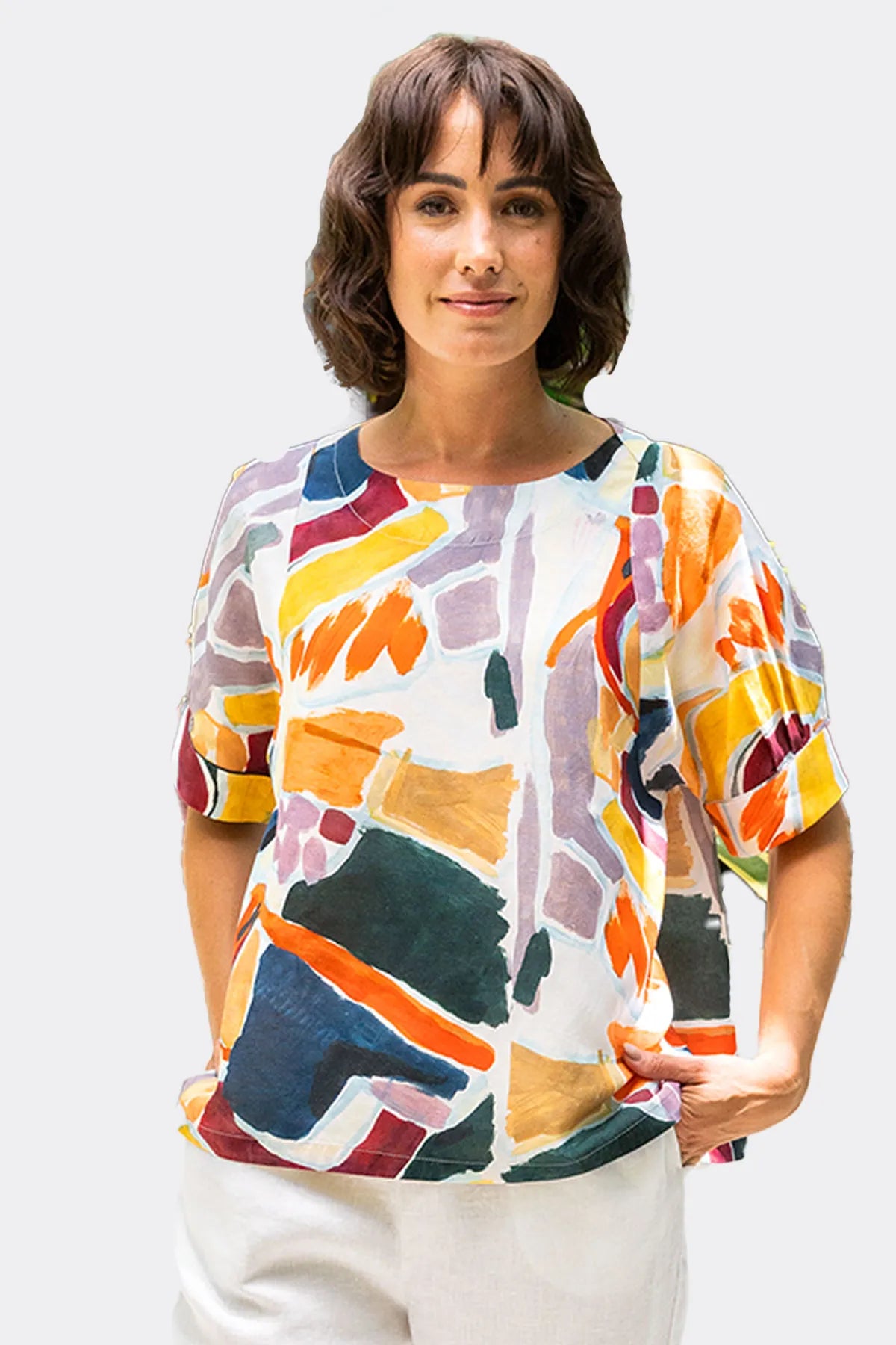 SS441 Tenc/Linen Cuffed Sleeve Round Neck Top