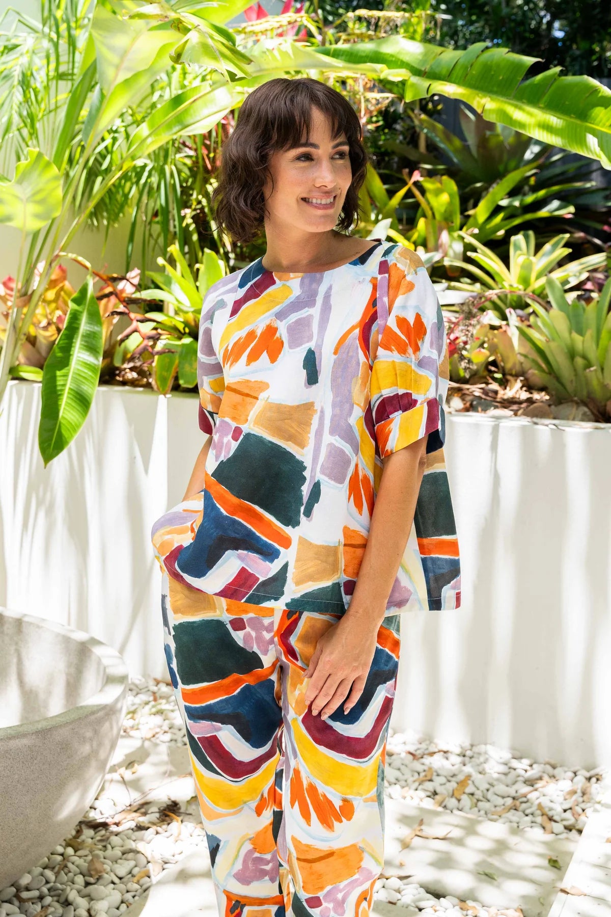 SS441 Tenc/Linen Cuffed Sleeve Round Neck Top