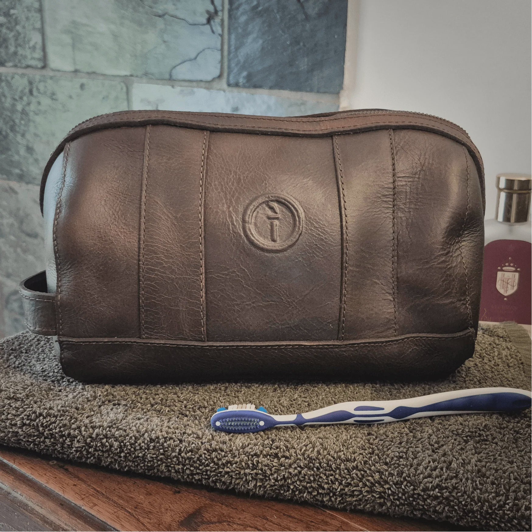 Mens Leather Toiletry Bag Watson CH Brown