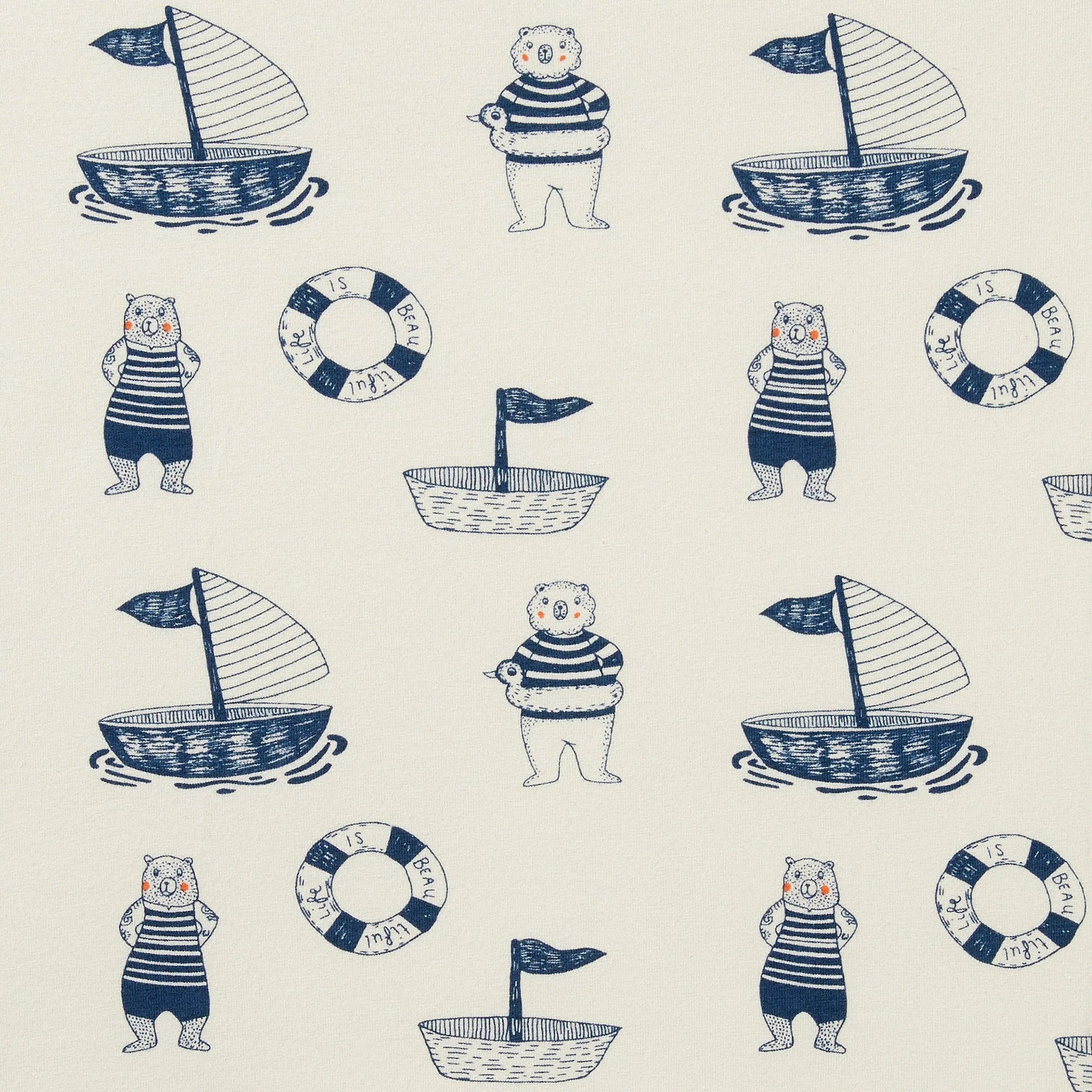 Pattern of bears in striped shirts, sailboats, and life buoys on a beige background