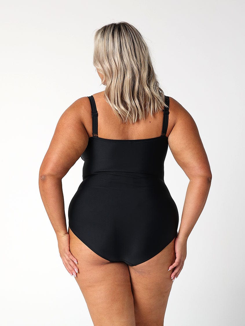 Black Twist Front Bandeau One Piece Swimsuit