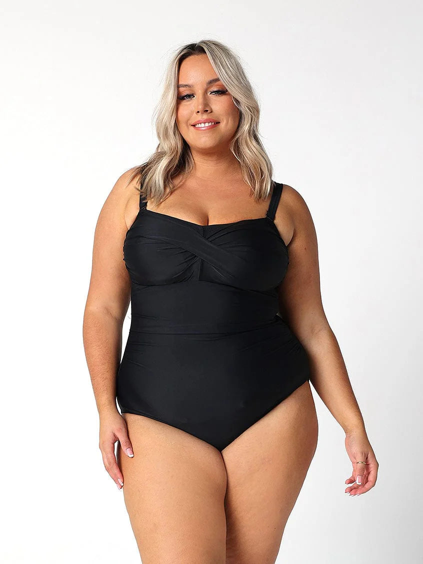 Black Twist Front Bandeau One Piece Swimsuit