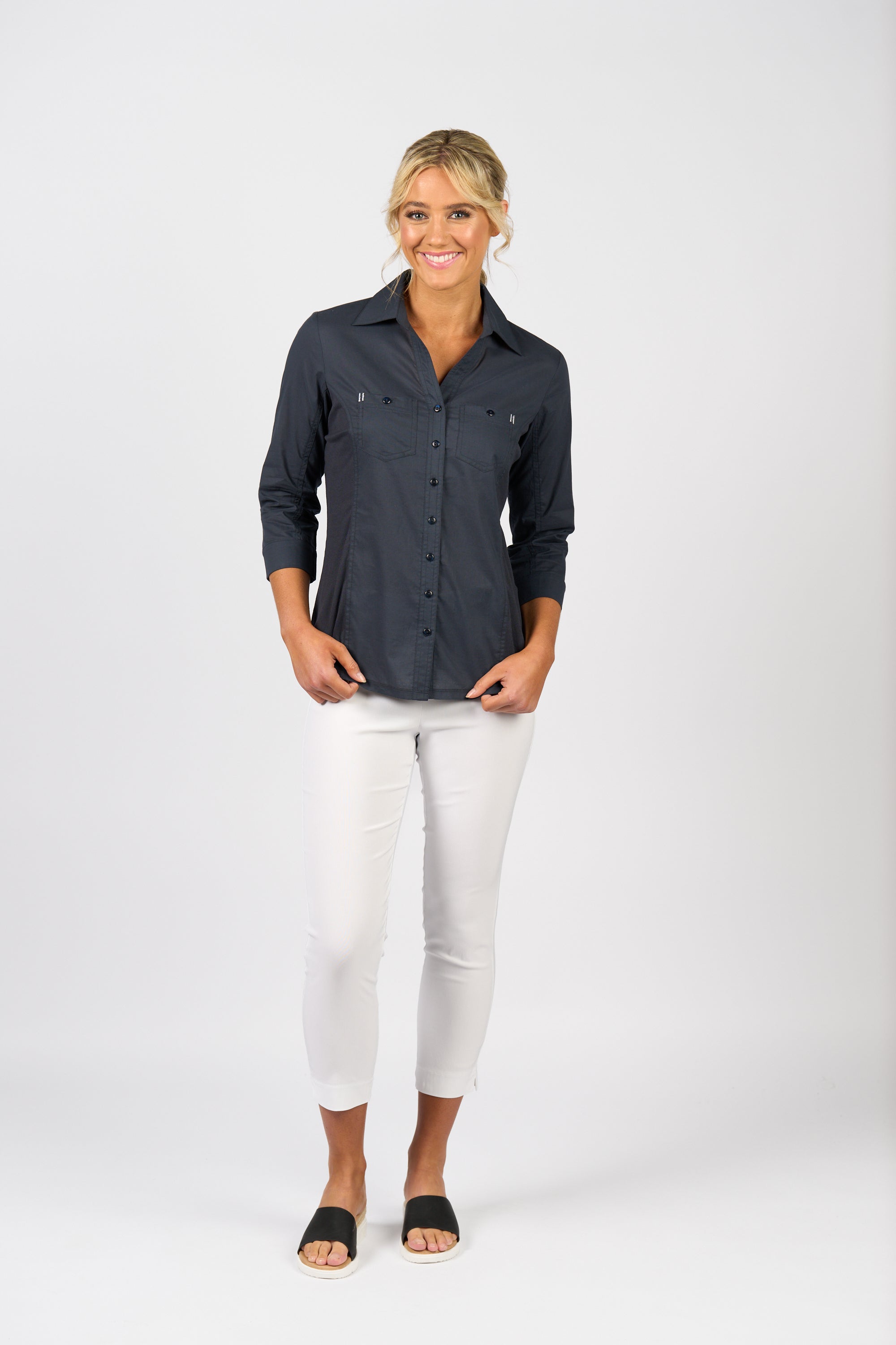 4032 Plain Button Up Shirt With Rib Panels