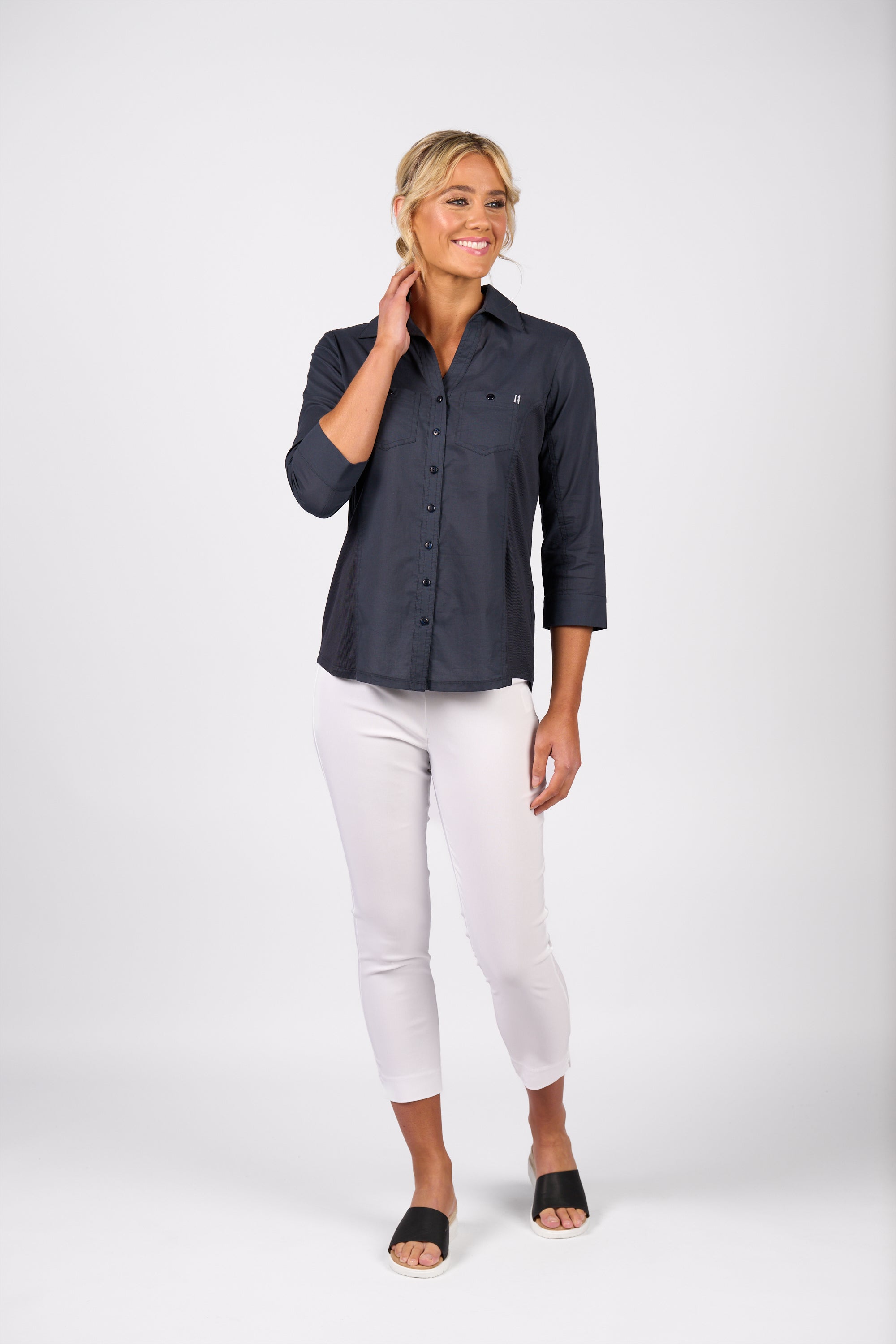 4032 Plain Button Up Shirt With Rib Panels