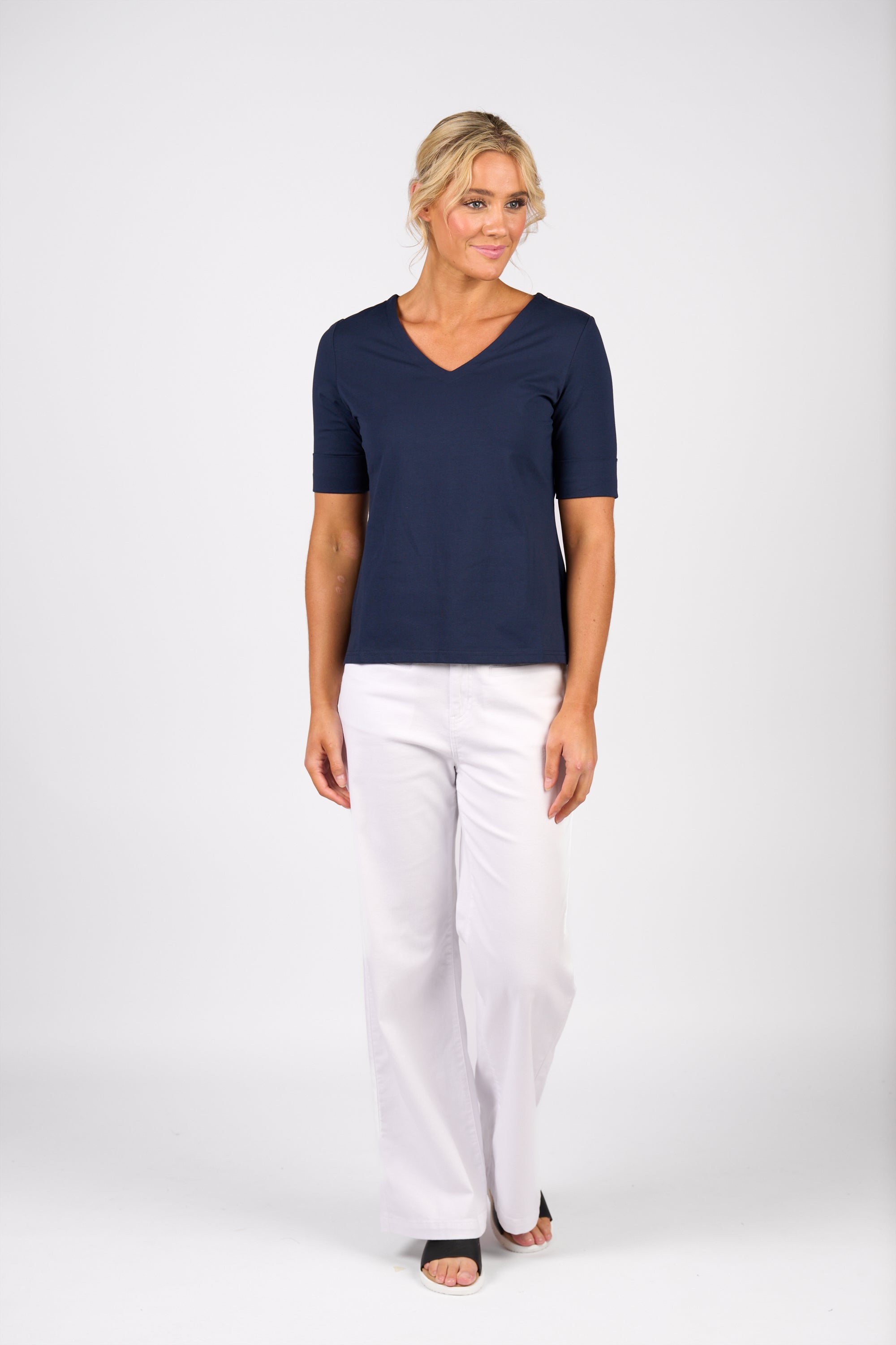 4264 V Neck Top with Cuffed Sleeve
