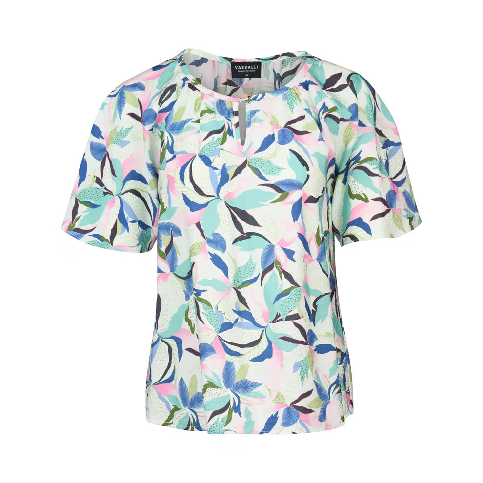 4490P Printed Floaty Sleeve Top with Front Keyhole