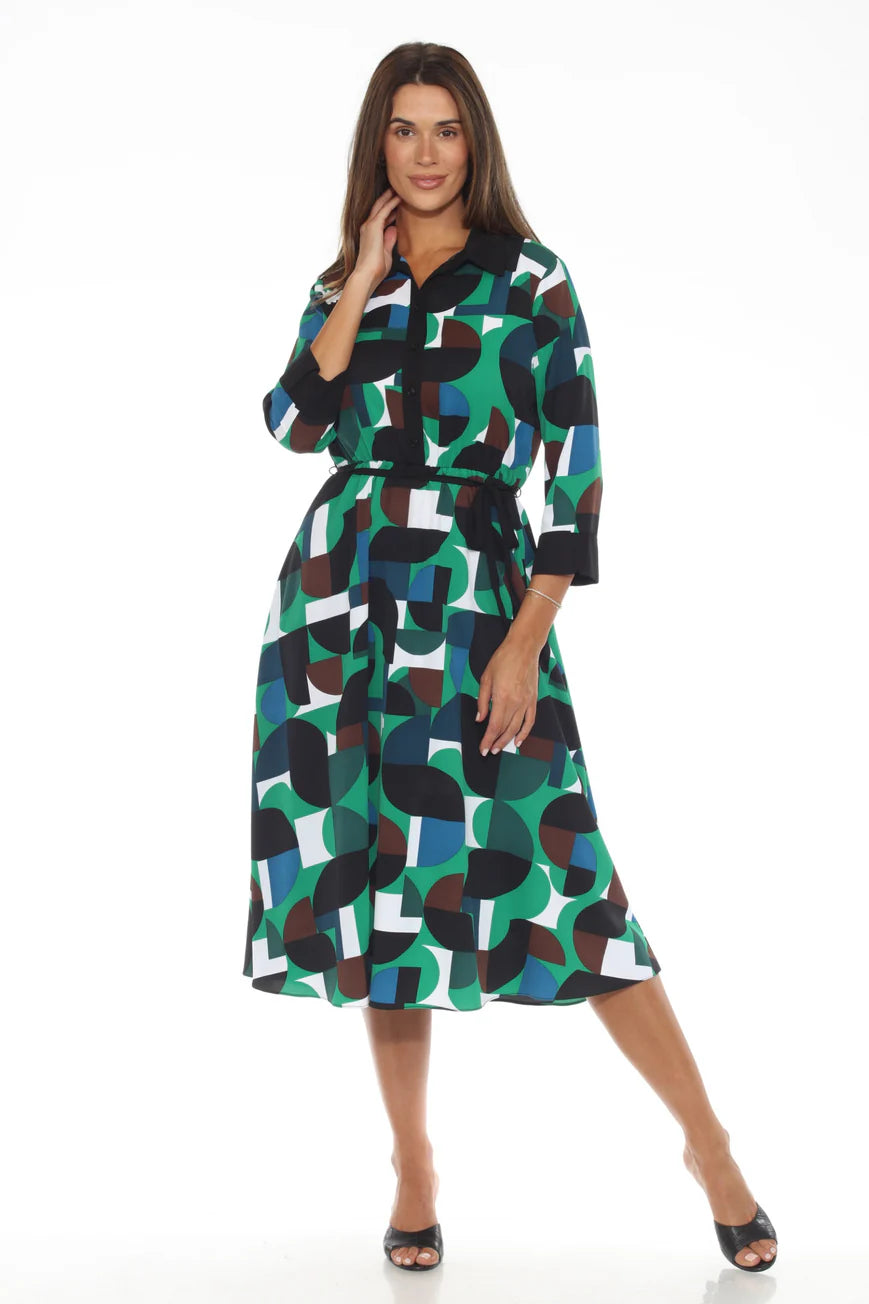 243221 Geometric Print Midi Shirt Dress