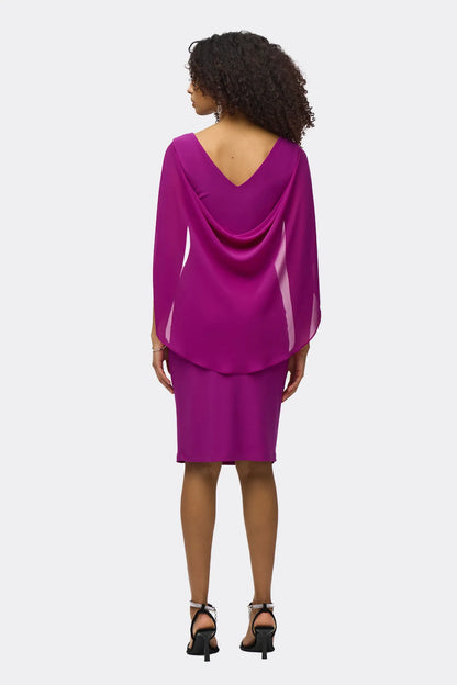 244017 V Neck Cape Dress With Jewel