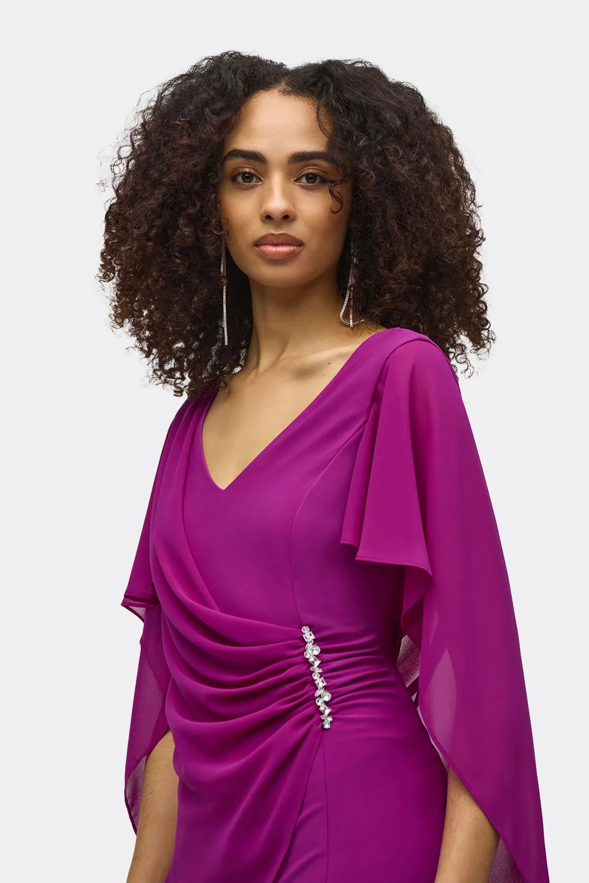 244017 V Neck Cape Dress With Jewel