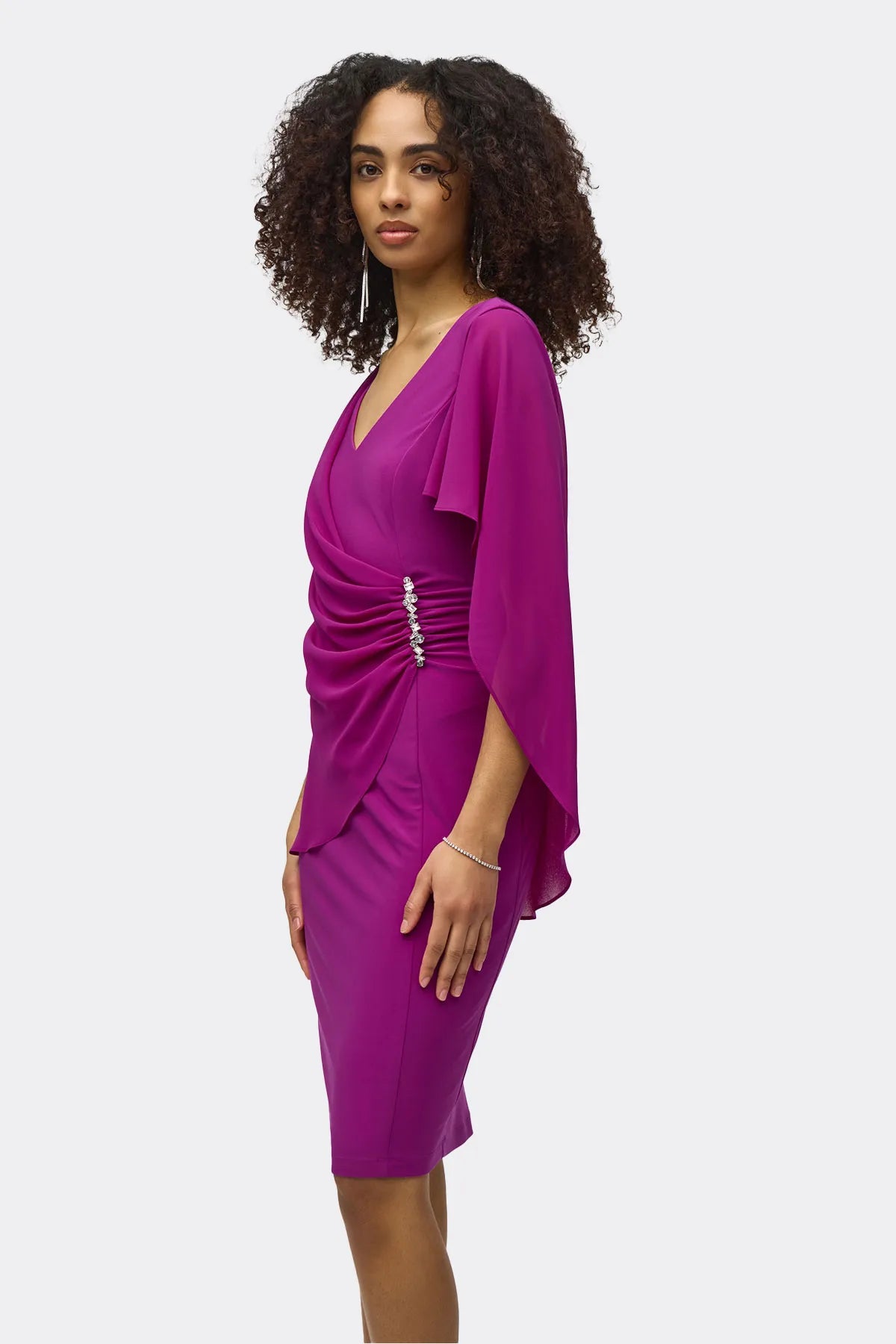 244017 V Neck Cape Dress With Jewel