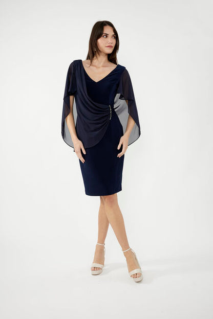 244017 V Neck Cape Dress With Jewel