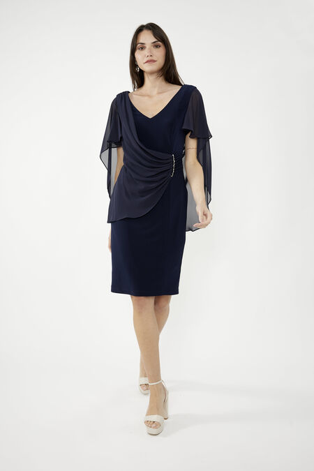 244017 V Neck Cape Dress With Jewel