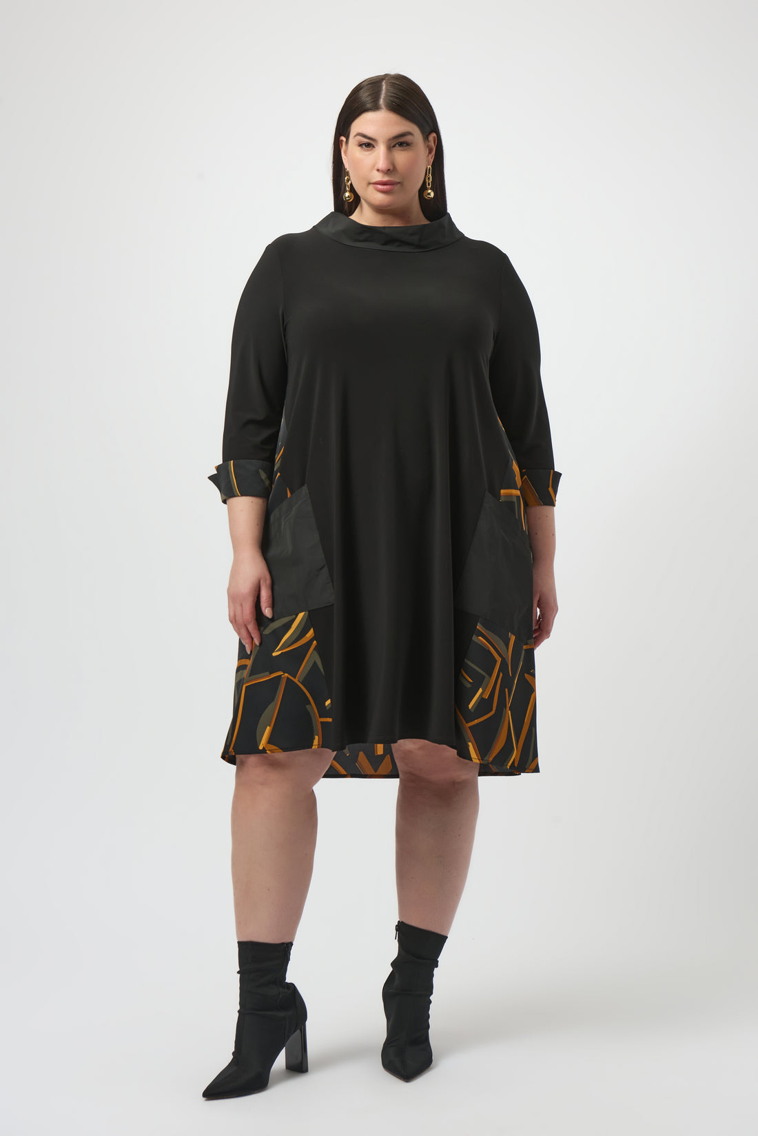 253186 Recycled Woven Abstract Print and Silky Knit Dress