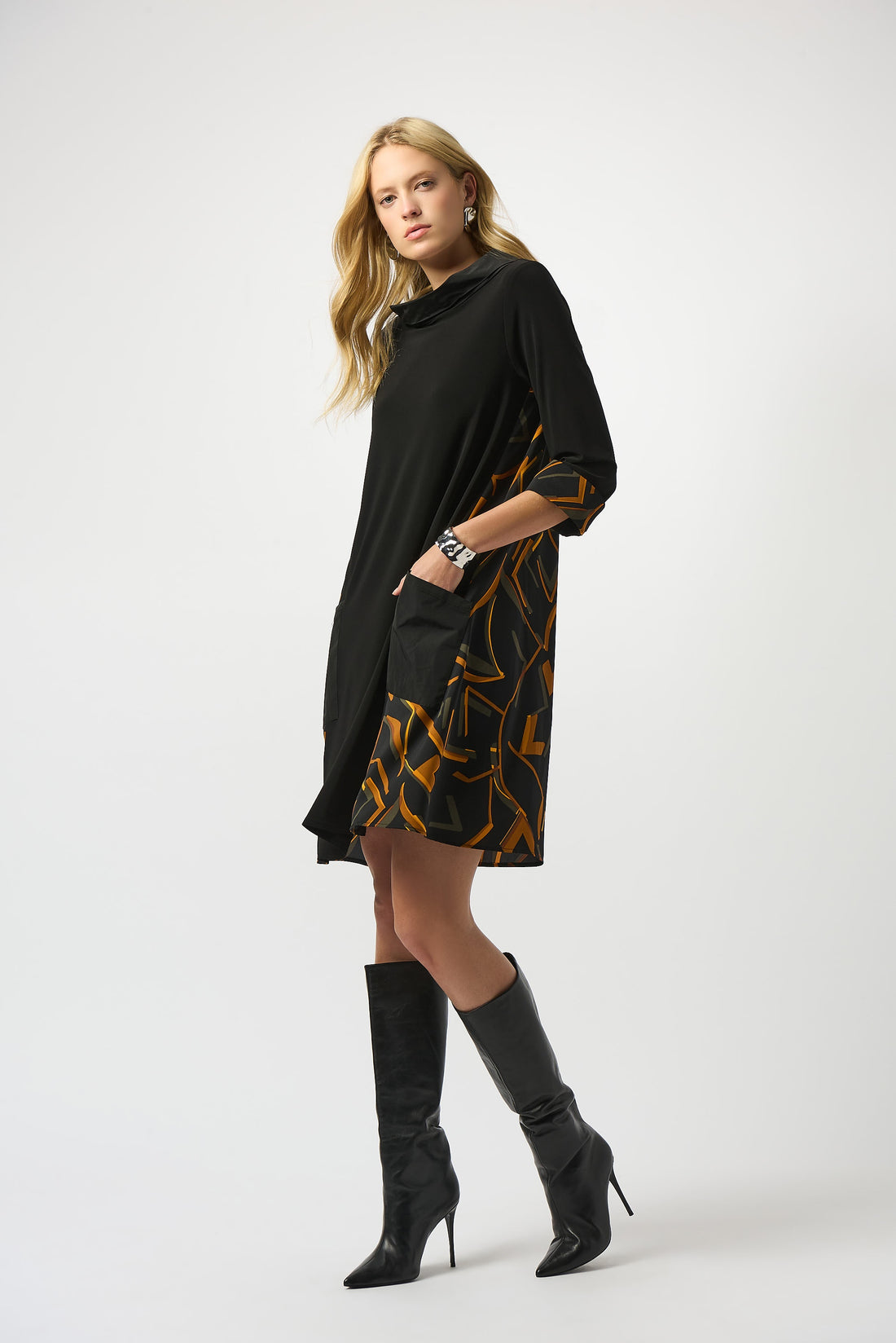 253186 Recycled Woven Abstract Print and Silky Knit Dress
