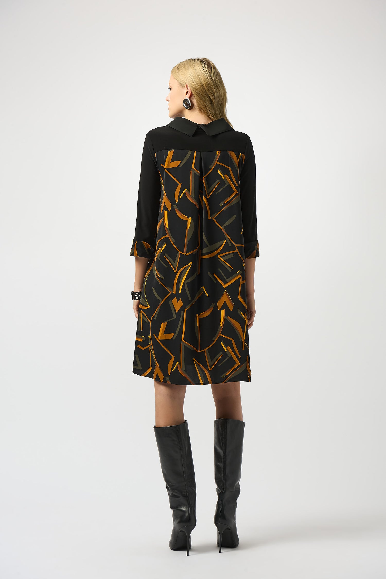 253186 Recycled Woven Abstract Print and Silky Knit Dress