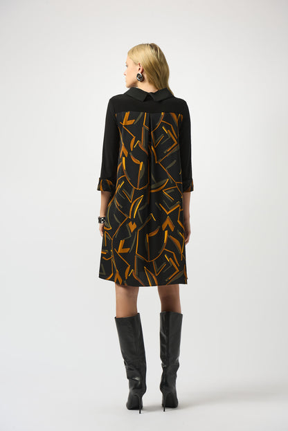 253186 Recycled Woven Abstract Print and Silky Knit Dress