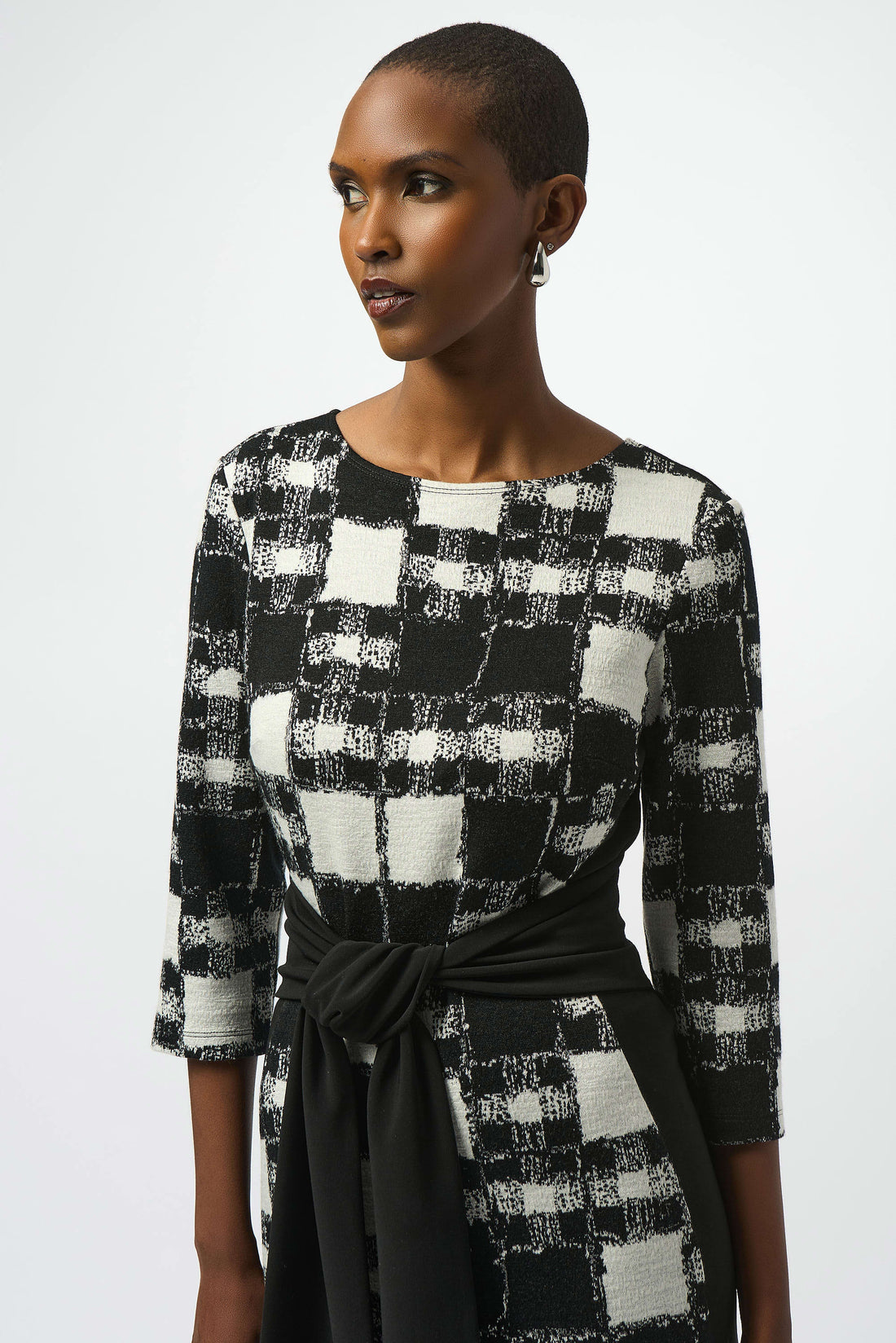 253289 Jacquard Sweater Plaid Print Sheath Dress