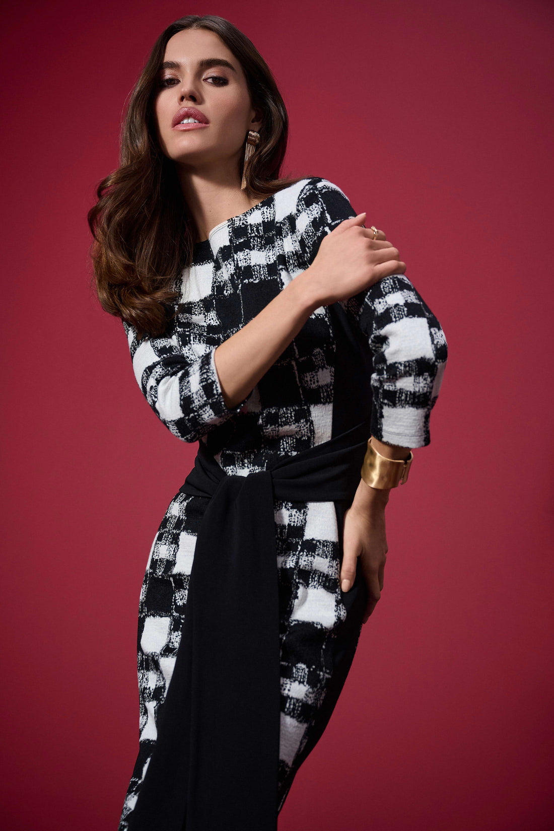 253289 Jacquard Sweater Plaid Print Sheath Dress