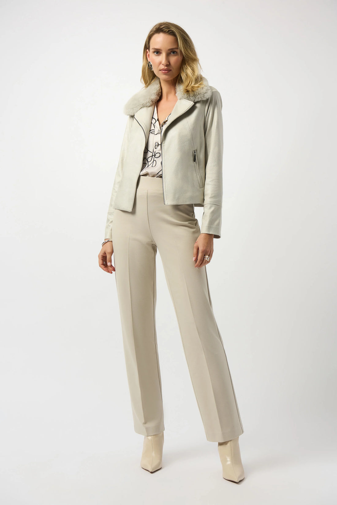 253925 Foiled Suede Swing Jacket with Faux Fur Collar
