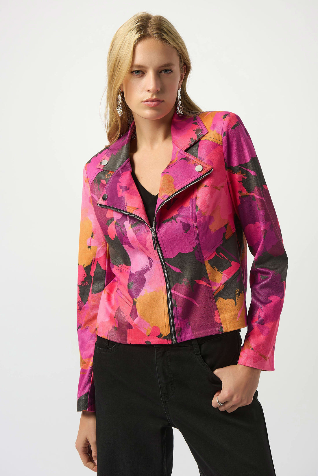 253954 Foiled Faux Suede Abstract Print Fitted Jacket