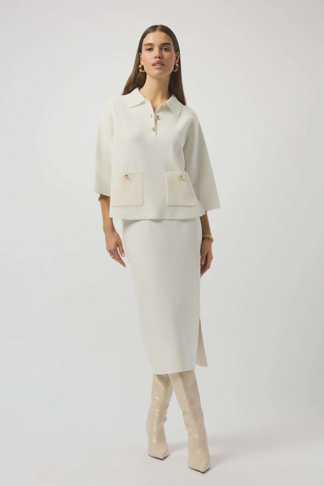 253962 Sweater Knit Boxy Pullover With Polo Collar