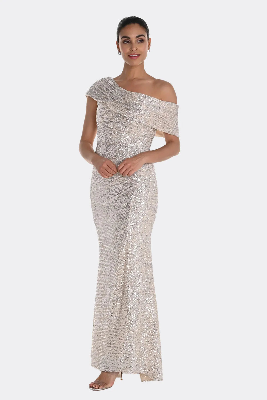 258739U Off Shoulder Long Sequin Dress