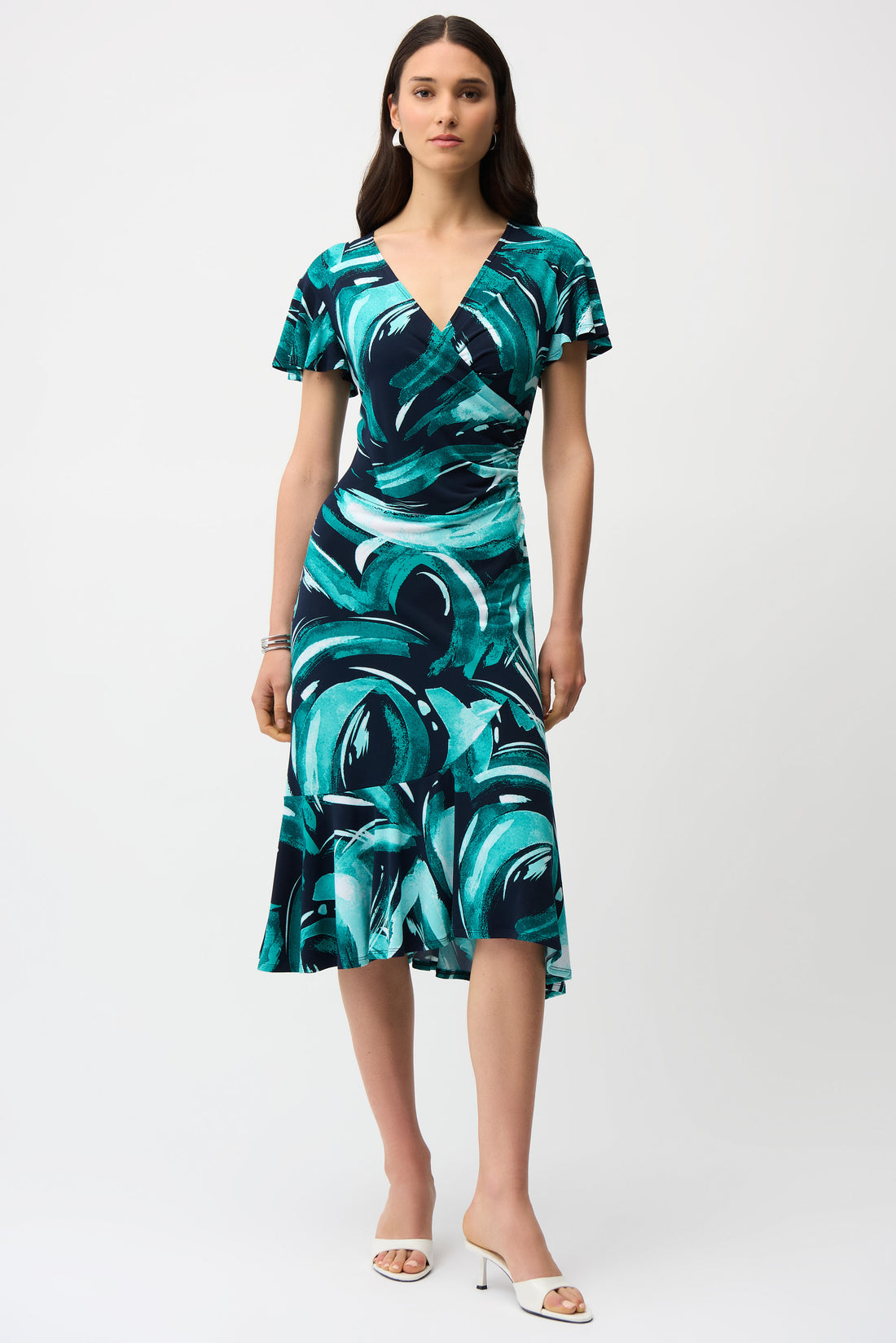 Silky Knit Abstract Print Fit and Flare Wrap Dress 261063