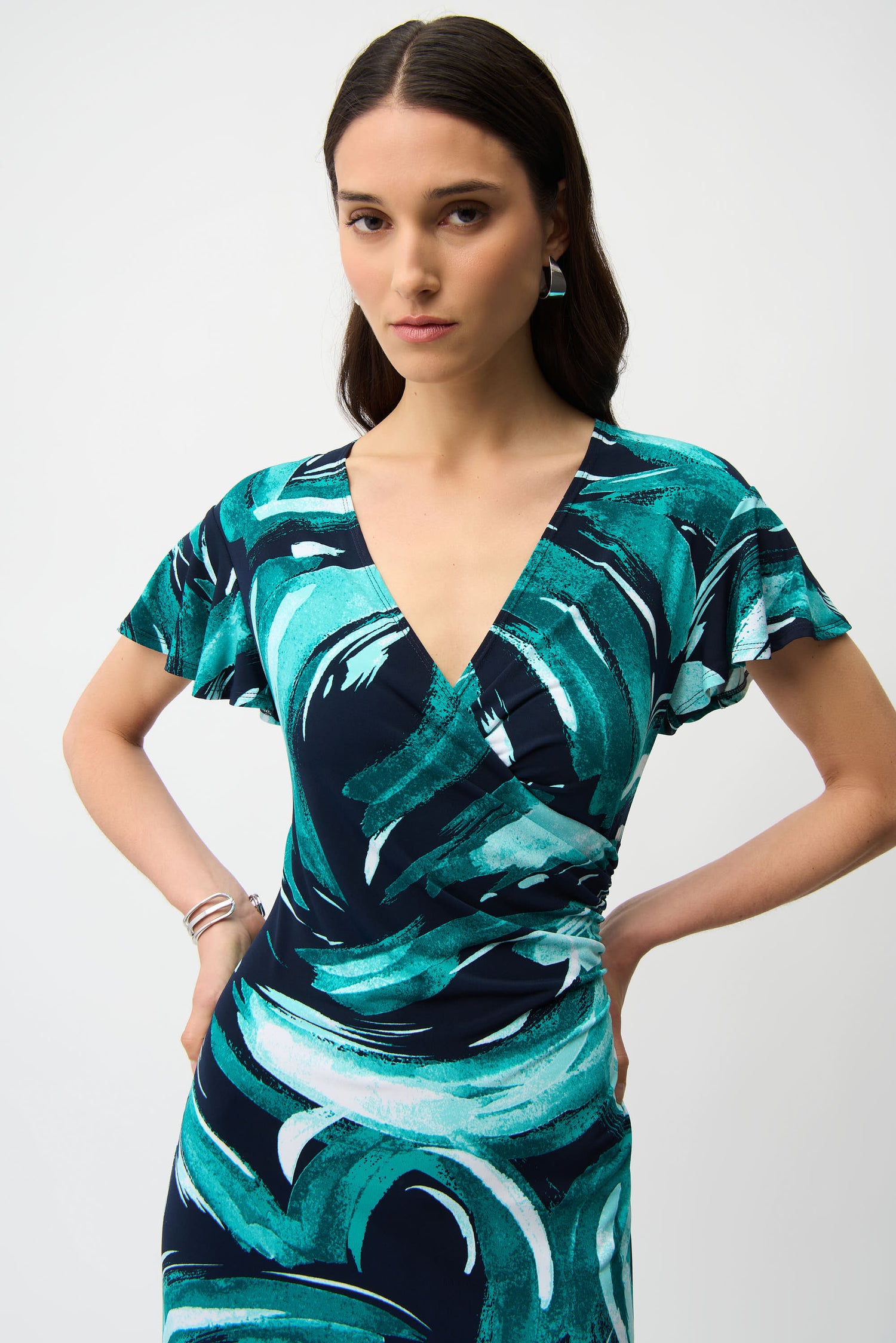 Silky Knit Abstract Print Fit and Flare Wrap Dress 261063