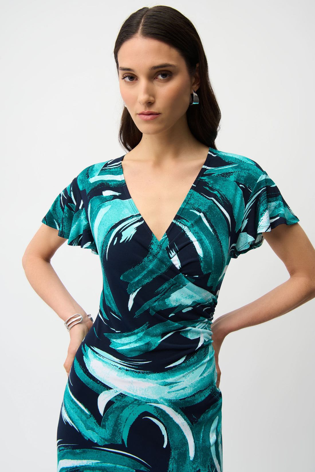 Silky Knit Abstract Print Fit and Flare Wrap Dress 261063