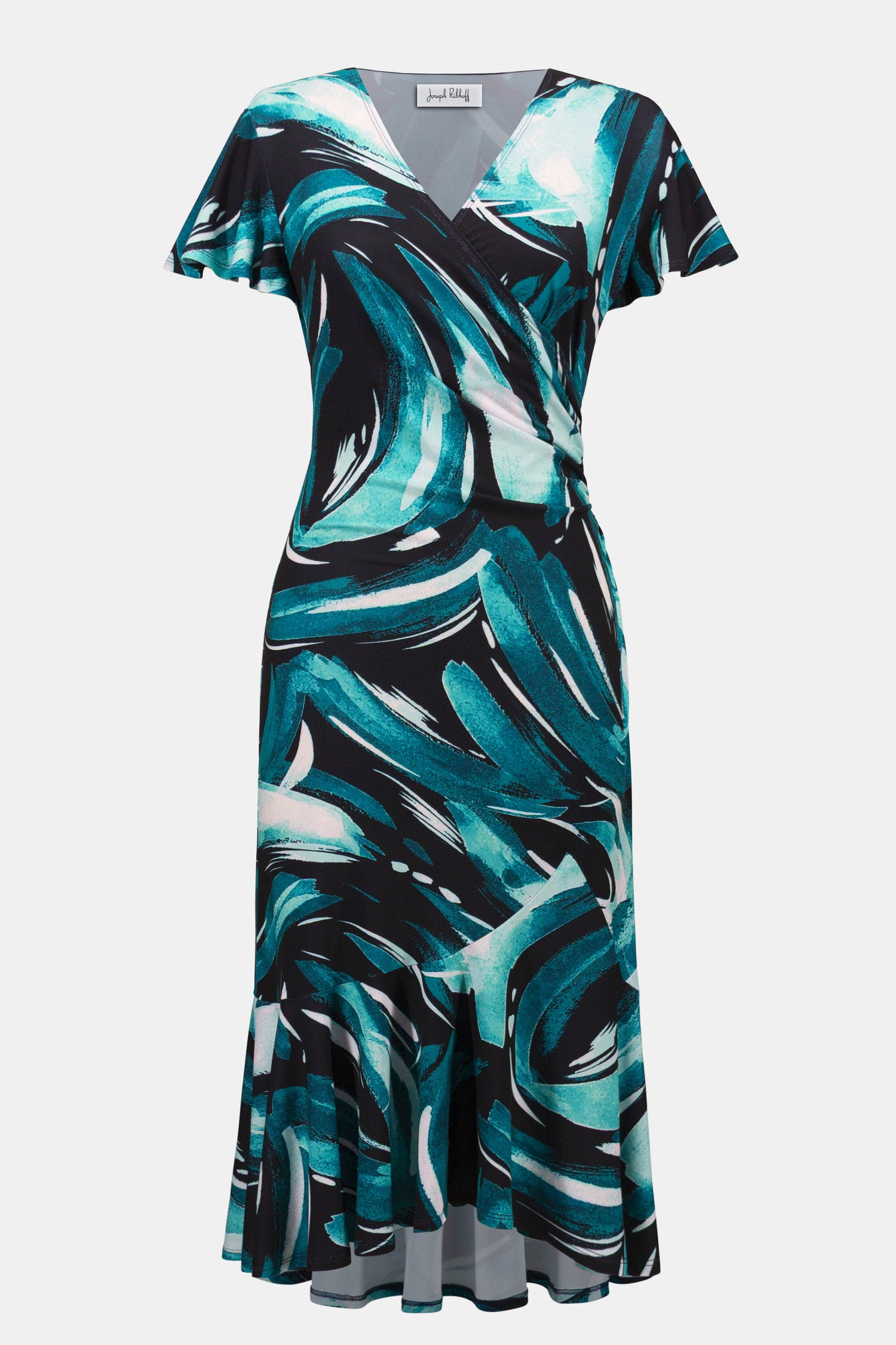Silky Knit Abstract Print Fit and Flare Wrap Dress 261063