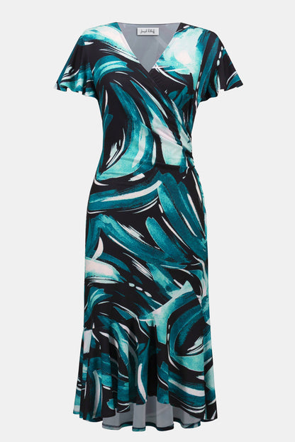 Silky Knit Abstract Print Fit and Flare Wrap Dress 261063