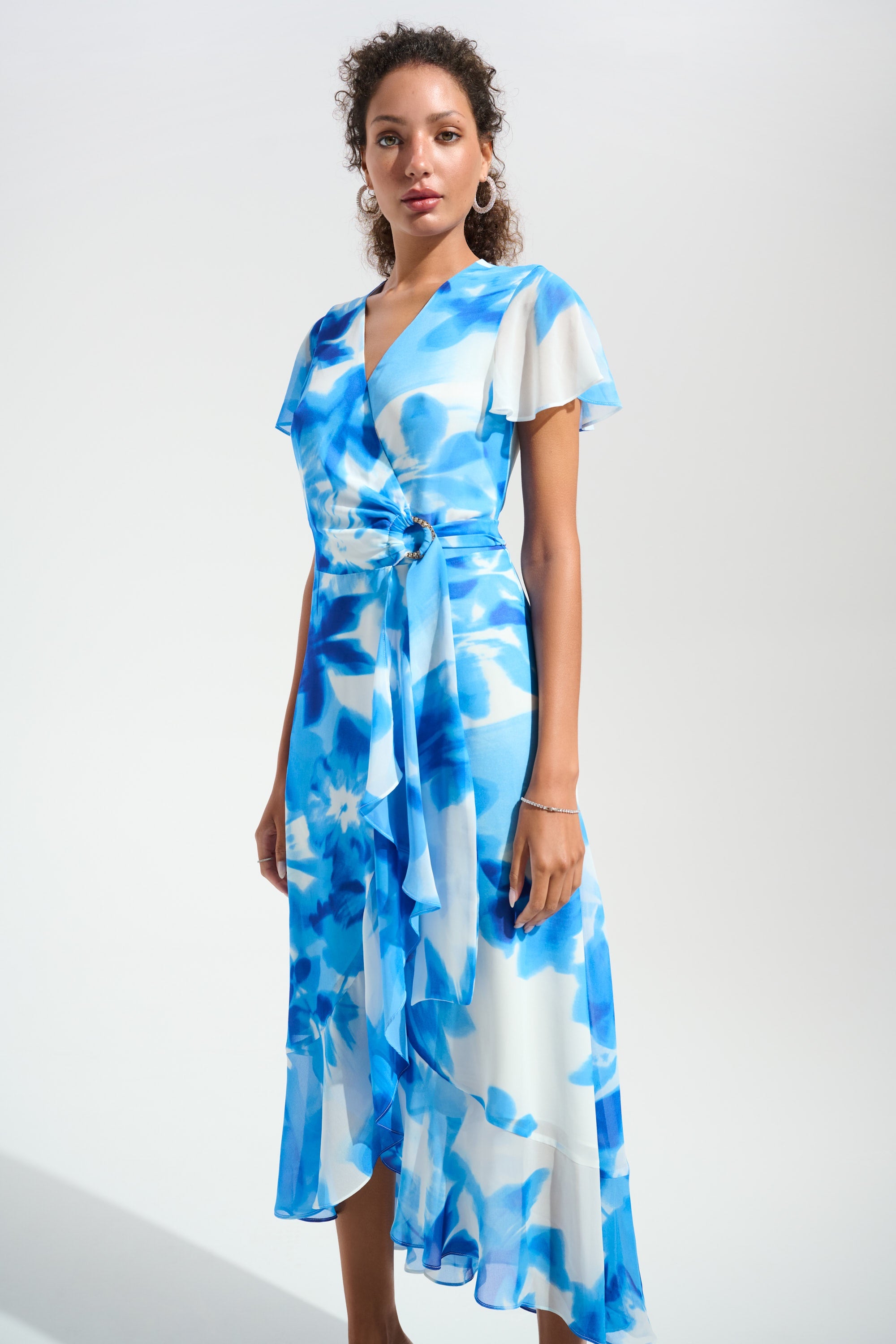 261739 Signature | Chiffon Print Wrap Dress with Ruffle Detail