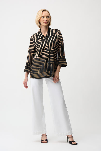 Satin And Mesh Abstract Print Jacket Bell Sleeve