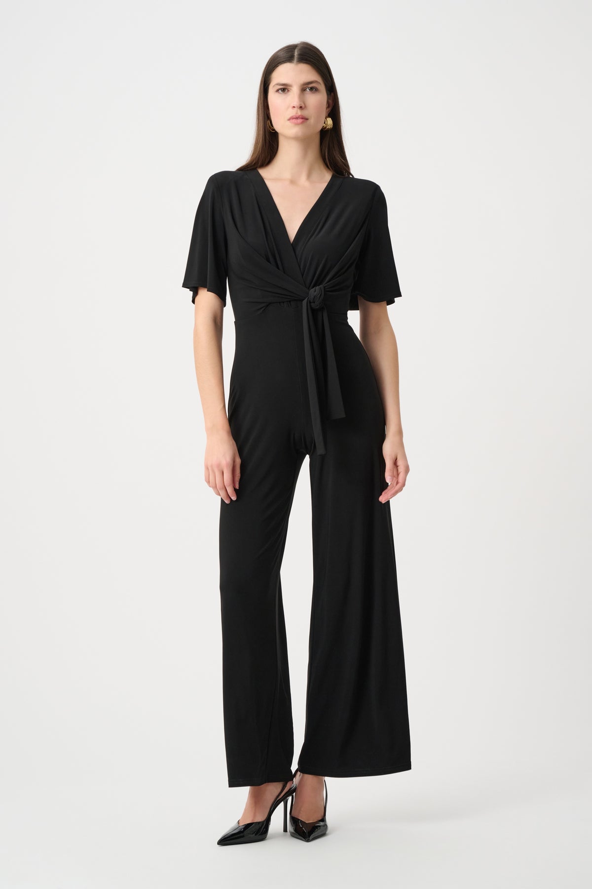 Silky Knit Wide-Leg Wrap Jumpsuit Black - Joseph Ribkoff