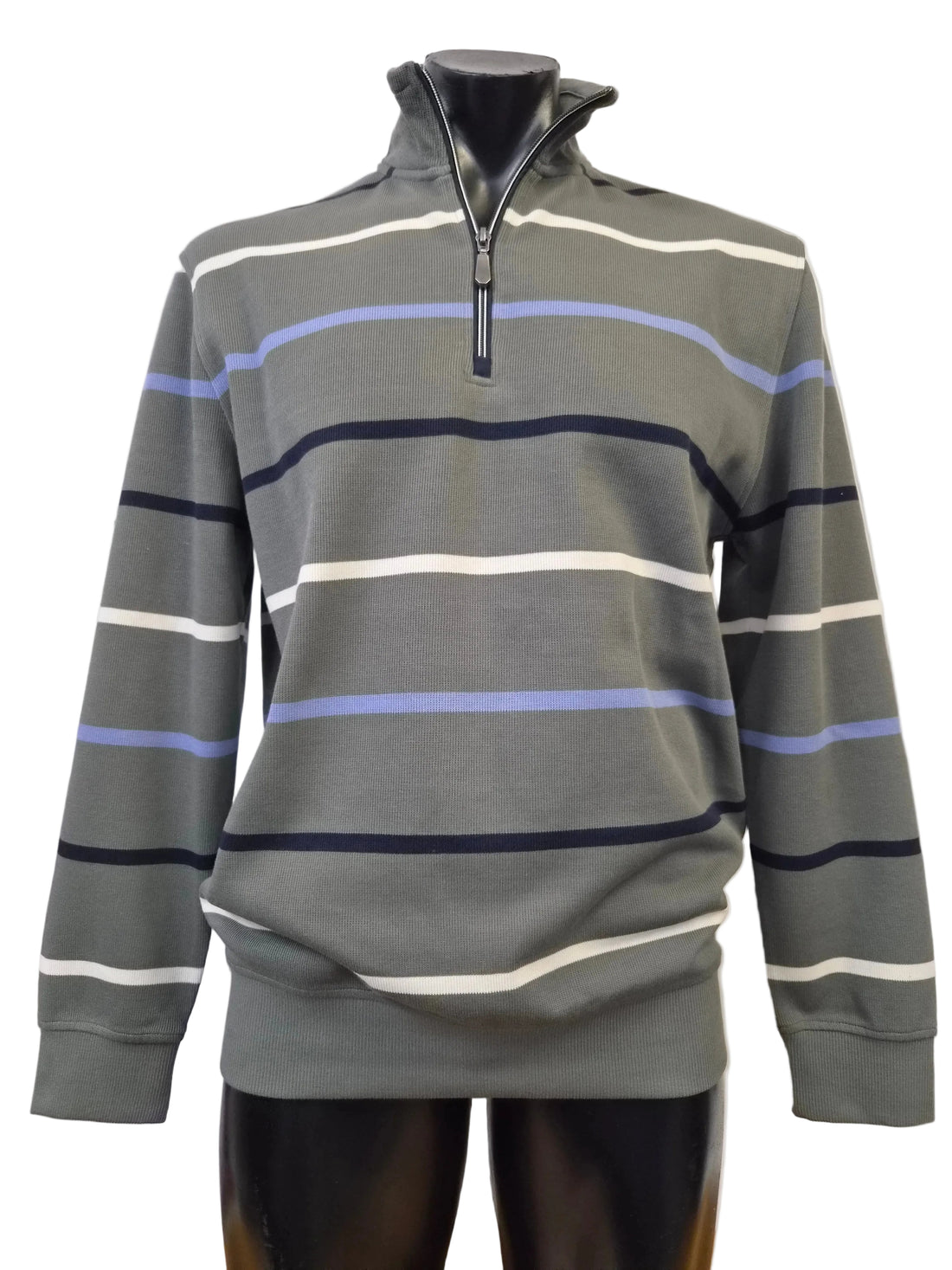 Moss striped sweater on a mannequin against a white background